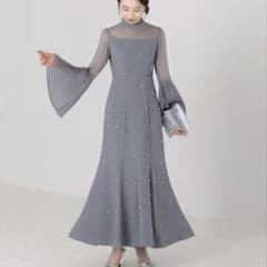 Leja パールビジュー付 プリーツフレアスリーブマーメイドワンピース