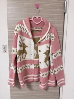 トナカイ柄 ショールカラー ニットカーディガン ピンクのサムネイル