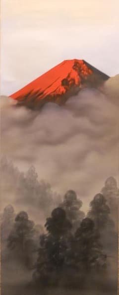 識箱 中島清堂 赤富士山水 田中芳園 掛け軸 掛け軸  田中芳園 赤富士山水 絹本 美 掛軸 茶道具 希少 絵画