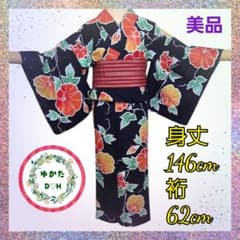 美品 DH0297 花柄 浴衣 紺地 赤 橙色 花柄 身丈146cm 裄62cm - メルカリ