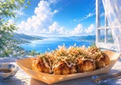 【イラスト】たこ焼きと入道雲のアートポスターのサムネイル
