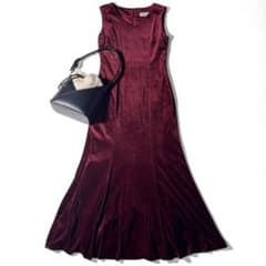 バーガンディ ベロア ノースリーブ ロング　ワンピース　ドレス　発表会　チャック