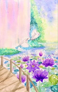 水彩画 明け方の蓮の花と飛び立つ鳥 値段は※900円です - メルカリ