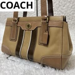 美品　COACH ハンドバッグ ハンプトンズ 茶 シグネチャー ターンロック COACH シグネチャー ターンロック レザートート 茶 ハンプトンズ