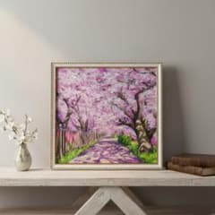 【真作】油絵「満開の桜のトンネル」河津桜 原画 額縁・ラッピング付 真作】油絵「満開の桜のトンネル」河津桜 原画 額縁・ラッピング付