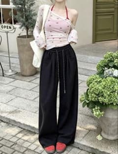 ブラック ワイドパンツ ドローコード付き Sのサムネイル
