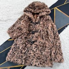 フード付き レオパード柄 ラビット ファーコート L相当 毛並み