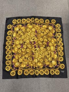 CHANEL シャネル ココマーク チェーンアクセサリー柄 スカーフ 大判 黒