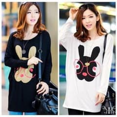 セール中！大きいサイズベーシックなUネックロンTシャツ うさぎプリントのサムネイル