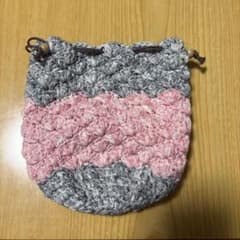 ハンドメイド ニット巾着袋 グレー×ピンクのサムネイル