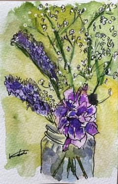 水彩画 花 紫の花とカスミソウのサムネイル