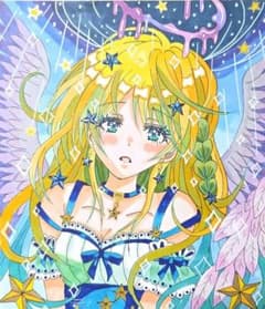 手描き オリジナルイラスト 中色紙 女の子 天使 アナログイラスト 星