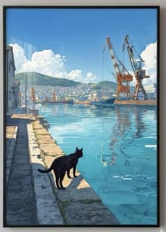 1点限り アニメーショmp4と 2Ｌ判 1枚 デジタル手描き 黒猫と月 水彩画風 水彩画風 デジタルアートプリント「港町の黒猫」2L判 - メルカリ