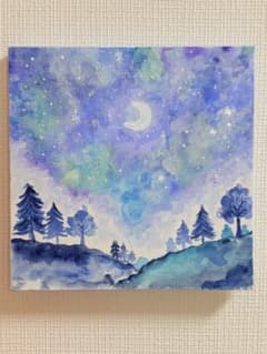 月夜 幻想的 夜空 星空 透明感 水彩画風 アクリル画 風景画 15cm