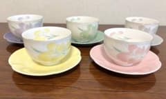 湯飲み 5客セット 花柄 和食器 陶器 煎茶碗 茶托 5色セット レトロ 昭和のサムネイル