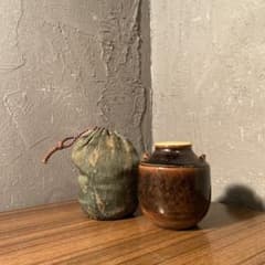 昭和初期 飴釉 耳付茶入 金箔 絹仕覆付 瀬戸高取 唐物写 茶道具 古美術