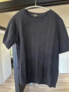 UNIQLO 【美品】ケーブルクルーネックセーター 半袖 ネイビー Lのサムネイル