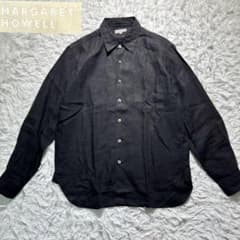 美品 MARGARET HOWELL リネン混 長袖シャツ 黒 シンプル 美品】マーガレットハウエル 長袖シャツ リネン100% ブラック S 日本製