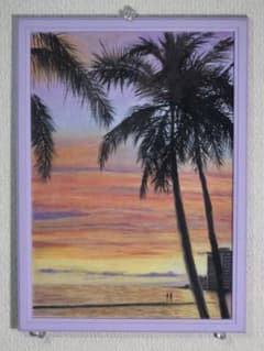 風景画 夕日と海 オイルパステル画　A4　ケース付きのサムネイル