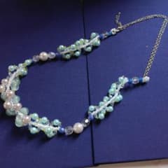 手作りビーズネックレス 青系 パール