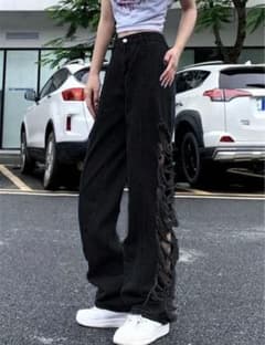 サイドダメージ ワイドデニムパンツ ブラックのサムネイル