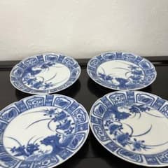 其泉窯 染付 芙蓉手 平皿 16cm. 青白い花柄の和風陶器皿 4枚セット 其泉窯 染付 芙蓉手 平皿 16cm. 青白い花柄の和風陶器皿 4枚セット