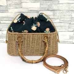 ミナペルホネン ハンドメイド　かごバッグ　ショルダー紐付　【skip】　浴衣にも ミナペルホネン ハンドメイド かごバッグ ショルダー紐付 【skip