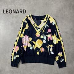 LEONARD レオナール Vネック カットソー ネイビー 綿100% 花柄 M