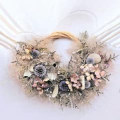 ルリタマアザミと秋色紫陽花のドライフラワー ハーフリース スワッグ
