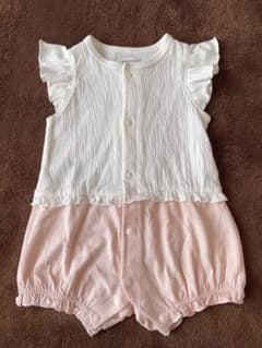 春夏 切り替えフリルロンパース 白×ピンク 70のサムネイル