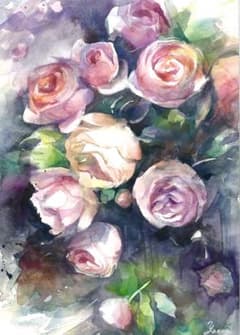 1002☆水彩画 原画　一重咲き　ばら　花 水彩画 花 原画 絵画 バラ 薔薇 A4