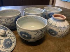 有田焼 一作窯 蓋付き湯呑み 5客セット 染付 花文様 ★送料込のサムネイル