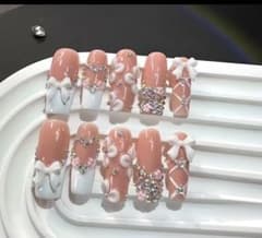 ハンドメイド ネイルチップ ピンク ホワイト Lサイズのサムネイル