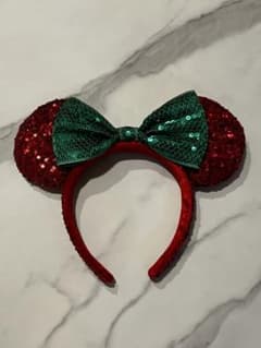 クリスマスカラー！ミニーミッキー耳カチューシャ 赤と緑のスパンコールのサムネイル