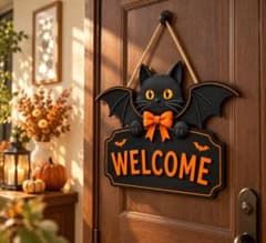 ハロウィン 黒猫 コウモリ WELCOME 壁掛け飾り 2Dフラット インテリアのサムネイル