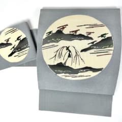 型絵染め 名古屋帯 ブルーグレー 縮緬 正絹 中古 OB-140のサムネイル