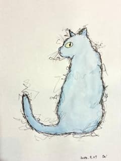 【振り向き青猫】原画 猫のインテリア絵画 ドローイング水彩 ハンドメイド　アートのサムネイル
