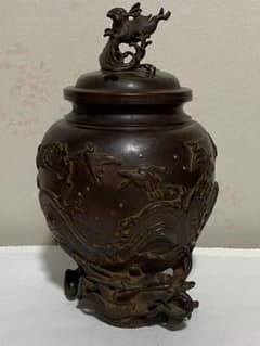 ♦蝋型細密鋳金 象嵌 波乗り兎 波千鳥文 波乗り龍足 香炉 唐金 美術品 骨董品 ♢蝋型細密鋳金 象嵌 波乗り兎 波千鳥文 波乗り龍足 香炉 唐金 美術品