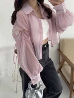 GRL 楊柳シフォンショルダーオープンリボンシアーシャツのサムネイル