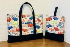 Handmade Lesson Bag & Indoor Shoe Bag, Car Pattern, Navy