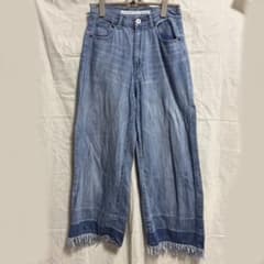 ライトブルーデニム ワイドパンツ フリンジヘム ニコアンド フリンジダメージありのサムネイル