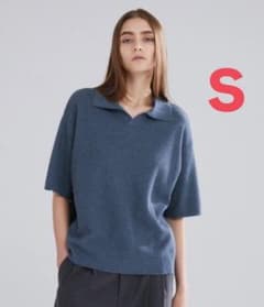 【LUENNA】スキッパーニットポロシャツ ブルー（S）のサムネイル