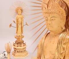 BK497 東洋彫刻 仏教美術 金彩 東阿弥陀如来像 柘植製 置物 高約41cm 