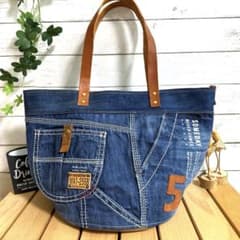 デニムリメイク まる底 レザー持ち手 トートバッグ - メルカリ