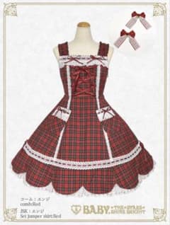 新品 BABY 裾スカラップタータンチェックジャンパースカート エンジ オフ白のサムネイル