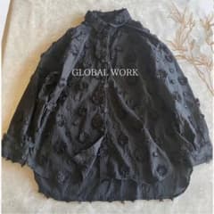 GLOBAL WORK ドビーシャツ 立体刺繍ブラウス 長袖 黒 ブラック