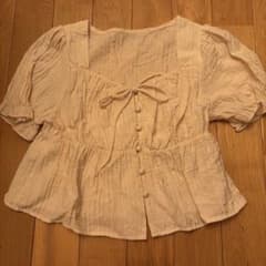 ピンク　スクエアネック 半袖ブラウス リボンのサムネイル