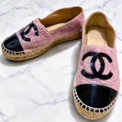 CHANEL シャネル ツイード エスパドリーユフラットシューズ ココマーク 春 美品 CHANEL エスパドリーユ ココマーク ツイード シューズ23cmピンク