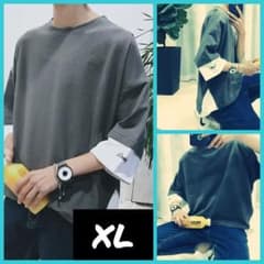 ロングTシャツ メンズ おしゃれ オルチャンストリート 七分丈 グレー 半袖のサムネイル