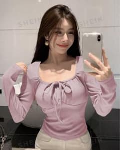 SHEIN  リブニットタイフロントクロップトップスのサムネイル